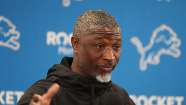 Detroit Lions defensive coordinator Aaron Glenn talks with reporters before OTAs on Thursday, May 26, 2022, at the team practice facility in Allen Park.