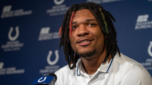 Indianapolis Colts quarterback Anthony Richardson speaks with the media at a press conference.