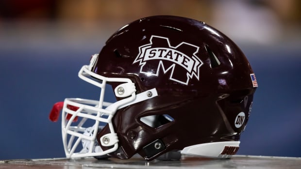 Sep 10, 2022; Tucson, Arizona, USA; Detailed view of a Mississippi State Bulldogs helmet at Arizona Stadium. Mandatory Credit: Mark J. Rebilas-USA TODAY Sports
