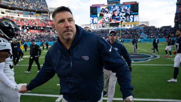 Tennessee Titans Head Coach Mike Vrabel heads off the field after beating the Jacksonville Jaguars and knocking them out of the playoffs after their game at Nissan Stadium in Nashville, Tenn., Sunday, Jan. 7, 2024.