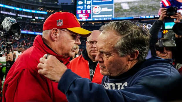 Dec 17, 2023; Foxborough, Massachusetts, USA; New England Patriots head coach Bill Belichick and Kansas City Chiefs head coach Andy Reid meet on the field after the game at Gillette Stadium. Mandatory Credit: David Butler II-USA TODAY Sports  