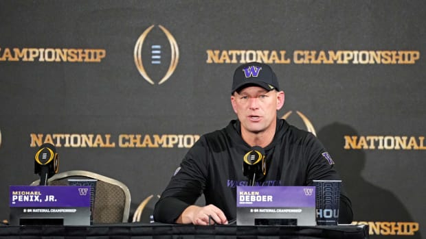 Jan 8, 2024; Houston, TX, USA; Washington Huskies head coach Kalen DeBoer speaks during a press conference after losing to the Michigan Wolverines in the 2024 College Football Playoff national championship game at NRG Stadium. Mandatory Credit: Kirby Lee-USA TODAY Sports