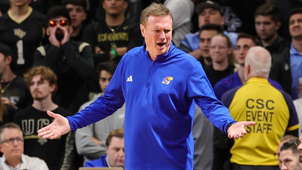 Jan 10, 2024; Orlando, Florida, USA; Kansas Jayhawks head coach Bill Self reacts to a call during the first period against the UCF Knights at Addition Financial Arena. Mandatory Credit: Mike Watters-USA TODAY Sports  