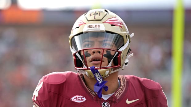 Nov 11, 2023; Tallahassee, Florida, USA; Florida State Seminoles wide receiver Johnny Wilson (14) before the game against the Miami Hurricanes at Doak S. Campbell Stadium.