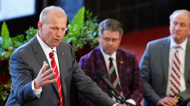 Jan 13, 2024; Tuscaloosa, AL, USA; Kalen DeBoer speaks after being introduced as the University of Alabama new head football coach during a press conference in the North end zone at Bryant-Denny Stadium.