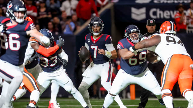 Houston Texans quarterback C.J. Stroud (7) throws the ball during the first quarter in a 2024 AFC wild card game at NRG Stadium.