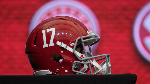 Jul 18, 2018; Atlanta, GA, USA; An Alabama Crimson Tide helmet is shown on the main stage during SEC football media day at the College Football Hall of Fame. Mandatory Credit: Dale Zanine-USA TODAY Sports 