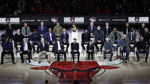 The Bulls inaugural Ring of Honor class is honored at halfcourt during halftime of a game.