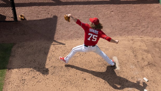 Washington Nationals pitcher Hobie Harris throws in the bullpen at spring training game against the St. Louis Cardinals at the Ballpark of the Palm Beaches in West Palm Beach, Florida on March 4, 2023.