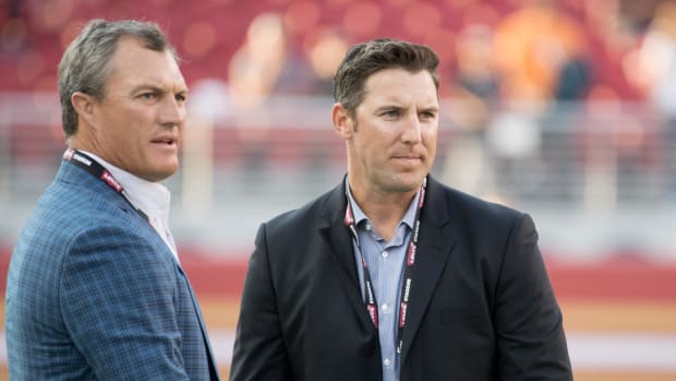 August 19, 2017; Santa Clara, CA, USA; San Francisco 49ers general manager John Lynch (left) and vice president of player personnel Adam Peters (right) before the game against the Denver Broncos at Levi's Stadium. The Broncos defeated the 49ers 33-14. Mandatory Credit: Kyle Terada-USA TODAY Sports  