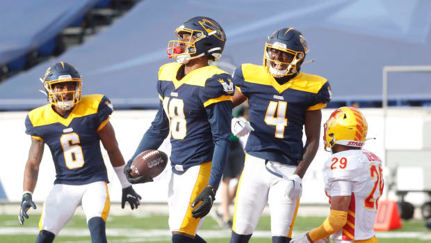 The Memphis Showboats wide receiver Ryan McDaniel (18) celebrates after catching a touchdown pass against the Philadelphia Stars at the Simmons Liberty Bank Stadium in Memphis. Memphis Showboats  