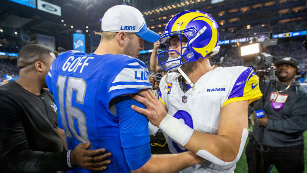 Jan 14, 2024; Detroit, Michigan, USA; Detroit Lions quarterback Jared Goff (16) and Los Angeles Rams quarterback Matthew Stafford (9) greet each other after a 2024 NFC wild card game at Ford Field.
