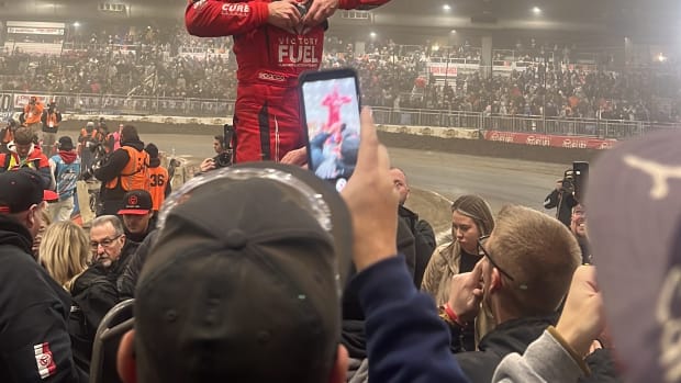 Logan Seavey celebrates with his fans after winning the Chili Bowl Saturday night in Tulsa. Photo courtesy Victoria Beaver.