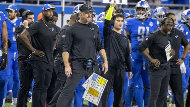Jan 14, 2024; Detroit, Michigan, USA; Detroit Lions head coach Dan Campbell on the sideline during the second half of a 2024 NFC wild card game against the Los Angeles Rams at Ford Field. Mandatory Credit: David Reginek-USA TODAY Sports  