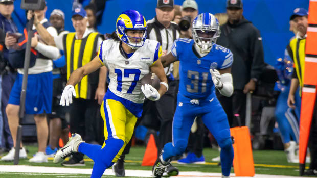 Jan 14, 2024; Detroit, Michigan, USA; Los Angeles Rams wide receiver Puka Nacua (17) runs from Detroit Lions safety Kerby Joseph (31) during the second half of a 2024 NFC wild card game at Ford Field.