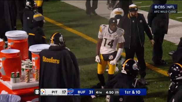 Pittsburgh Steelers wide receiver George Pickens reacts on sidelines of wild card game against the Buffalo Bills.
