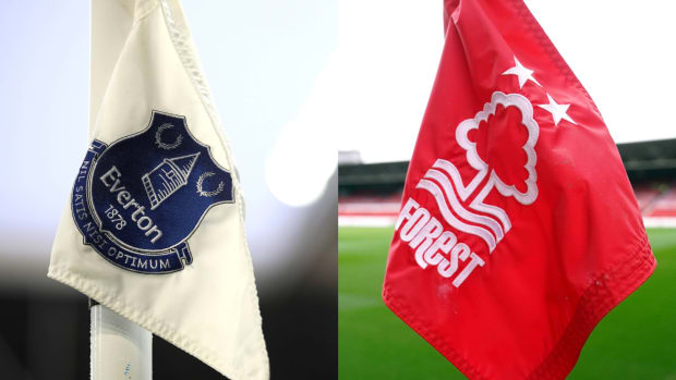 A composite image featuring two photos of corner flags - one displaying the Everton FC logo and the other Nottingham Forest's