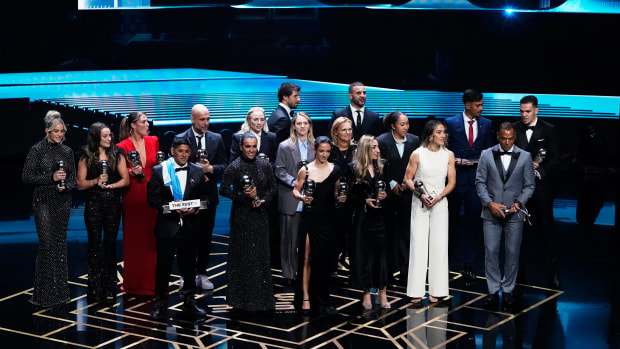 Multiple award winners pictured on stage during the ceremony for The Best FIFA Football Awards 2023
