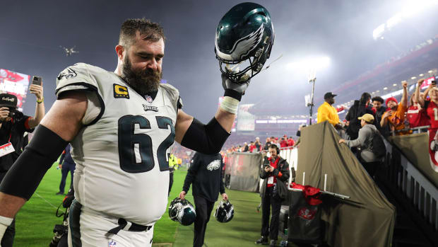 Philadelphia Eagles center Jason Kelce walks off the field after his team’s playoff loss to the Tampa Bay Buccaneers on Jan. 15, 2024.