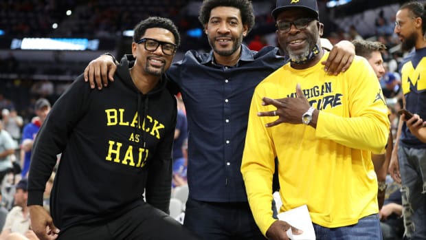 Former Fab Five members Jalen Rose, Jimmy King and Ray Jackson were in the stands during U-M's 63-55 loss to Villanova in the Sweet 16 on Thursday, March 24, 2022, at the AT&T Center in San Antonio. Michigan 16