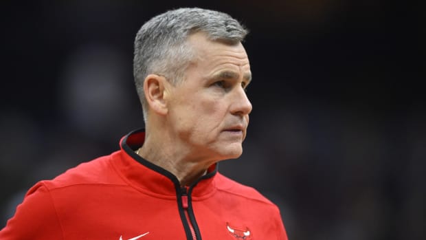 Chicago Bulls head coach Billy Donovan stands on the court in the second quarter against the Cleveland Cavaliers at Rocket Mortgage FieldHouse.