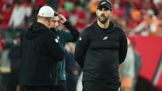 Jan 15, 2024; Tampa, Florida, USA; Philadelphia Eagles head coach Nick Sirianni stands on the sidelines during warm ups before a 2024 NFC wild card game against the Tampa Bay Buccaneers at Raymond James Stadium. Mandatory Credit: Kim Klement Neitzel-USA TODAY Sports  