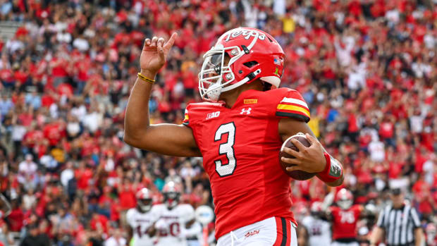 Maryland Terrapins quarterback Taulia Tagovailoa (3) reacts after running for a touchdown during the first half against the Indiana Hoosiers at SECU Stadium.