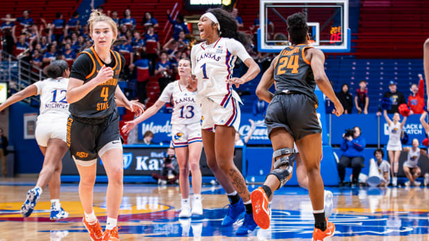 LAWRENCE, KS - January 13, 2024 - wbb during the game between the Kansas Jayhawks and the Oklahoma State Cowgirls. Photo by Angilo Allen/Kansas Athletics