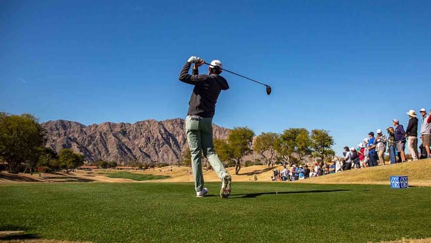 J.T. Poston hits his drive during the final round of the 2023 American Express on the Pete Dye Stadium Course at PGA West in La Quinta, Calif.