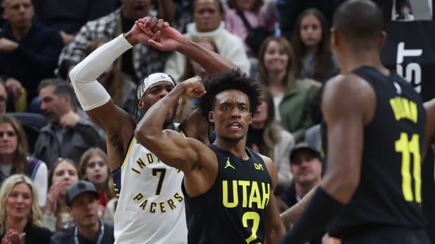Utah Jazz guard Collin Sexton (2) reacts to a play against the Indiana Pacers during the first quarter at Delta Center.