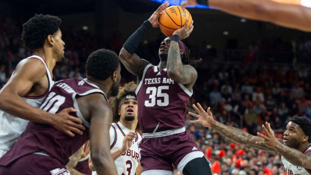 Texas A&M Aggies guard Manny Obaseki (35) goes up for a layup as Auburn Tigers take on Texas A&M Aggies at Neville Arena in Auburn, Ala., on Tuesday, Jan. 9, 2024. 