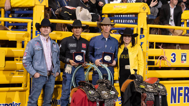 Derrick Begay, left center, and Colter Todd, right center, left Las Vegas, were crowned the 2023 NFR average champions in 2023 and placed top in the world standings. They will compete at some of the major winter rodeos but haven't made any plans beyond that.