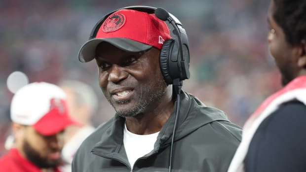 Jan 15, 2024; Tampa, Florida, USA; Tampa Bay Buccaneers head coach Todd Bowles reacts during the first half of a 2024 NFC wild card game against the Philadelphia Eagles at Raymond James Stadium. Mandatory Credit: Kim Klement Neitzel-USA TODAY Sports