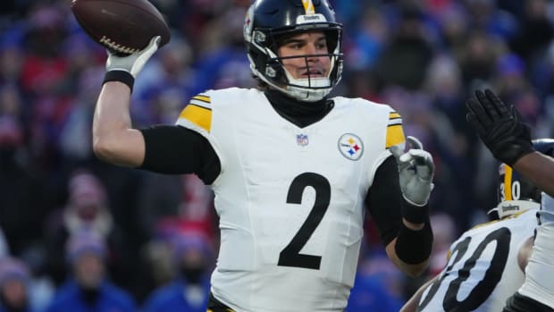 Jan 15, 2024; Orchard Park, New York, USA; Pittsburgh Steelers quarterback Mason Rudolph (2) throws the ball in the first half against the Buffalo Bills in a 2024 AFC wild card game at Highmark Stadium. Mandatory Credit: Kirby Lee-USA TODAY Sports