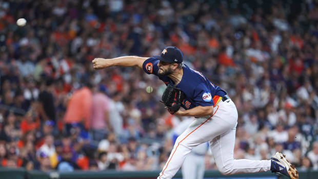Sep 24, 2023; Houston, Texas, USA; Houston Astros relief pitcher Kendall Graveman (31) delivers a pitch during the seventh inning against the Kansas City Royals at Minute Maid Park. Mandatory Credit: Troy Taormina-USA TODAY Sports