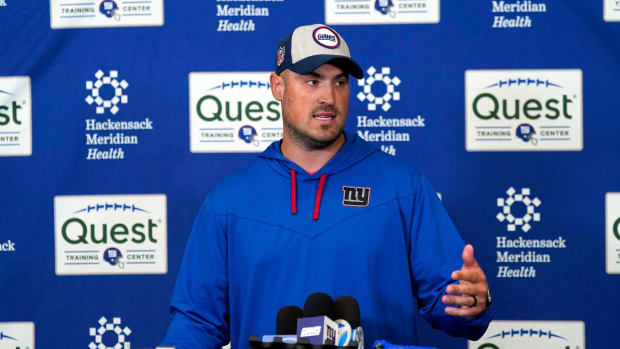 New York Giants offensive coordinator Mike Kafka talks to reporters before the organized team activities (OTA's) are canceled due to air quality at the Giants training center on Thursday, June 8, 2023.