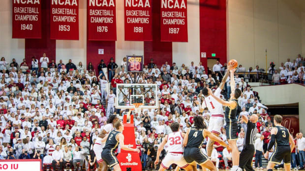 The opening tip of the first half of the Indiana versus Purdue men's basketball game at Simon Skjodt Assembly Hall on Tuesday, Jan. 16, 2024.