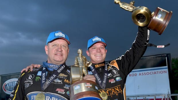 Robert Hight (left) will be sidelined indefinitely in one of two John Force Racing Funny Cars. Austin Prock (right) will replace Hight. Photo courtesy John Force Racing.