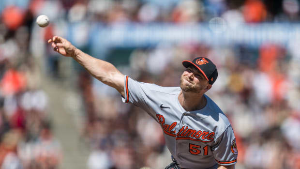 Jun 4, 2023; San Francisco, California, USA; Baltimore Orioles closing pitcher Austin Voth (51) throws against the San Francisco Giants during the ninth inning at Oracle Park.