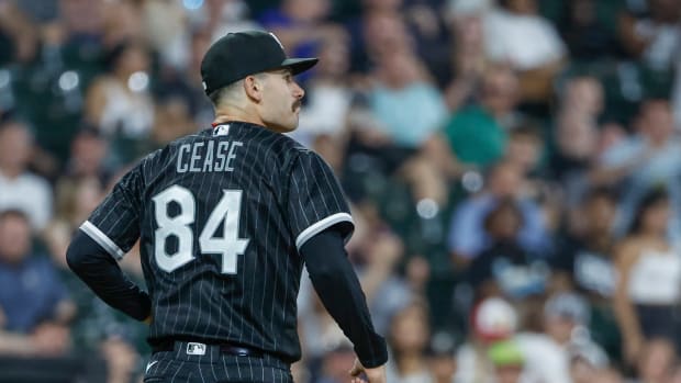 Jun 21, 2022; Chicago, Illinois, USA; Chicago White Sox starting pitcher Dylan Cease (84) reacts after striking out Toronto Blue Jays shortstop Bo Bichette during the sixth inning at Guaranteed Rate Field. Mandatory Credit: Kamil Krzaczynski-USA TODAY Sports