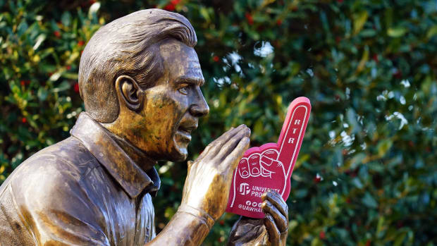 The statue of University of Alabama football head coach Nick Saban on the Walk of Champions outside Bryant-Denny Stadium after the team introduced their new head football coach Kalen DeBoer at Bryant-Denny Stadium.