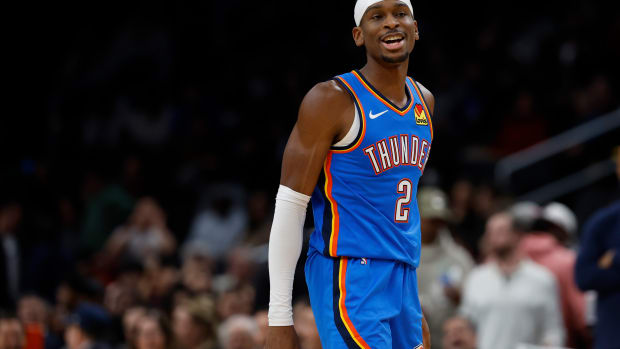 Jan 8, 2024; Washington, District of Columbia, USA; Oklahoma City Thunder guard Shai Gilgeous-Alexander (2) smiles on the court against the Washington Wizards in the second quarter at Capital One Arena. Mandatory Credit: Geoff Burke-USA TODAY Sports