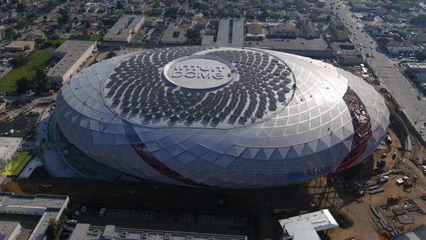 Jan 16, 2024; Inglewood, California, USA; The Intuit Dome is seen from an aerial view while under construction. The arena will the future home of the LA Clippers and site of the 2026 NBA All-Star Game. Mandatory Credit: Kirby Lee-USA TODAY Sports  