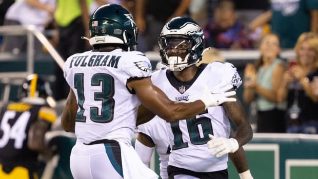 Aug 12, 2021; Philadelphia, Pennsylvania, USA; Philadelphia Eagles wide receiver Quez Watkins (16) celebrates with wide receiver Travis Fulgham (13) after scoring a touchdown against the Pittsburgh Steelers during the first quarter at Lincoln Financial Field. Mandatory Credit: Bill Streicher-USA TODAY Sports  