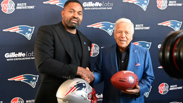 Jan 17, 2024; Foxborough, MA, USA; New England Patriots head coach Jerod Mayo (L) and owner Robert Kraft pose for photos after a press conference announcing Mayo's hiring as the team's head coach at Gillette Stadium. Mandatory Credit: Eric Canha-USA TODAY Sports  