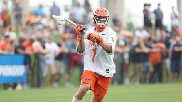 Connor Shellenberger shoots the ball during the Virginia men's lacrosse game against Richmond in the first round of the 2023 NCAA Men's Lacrosse Championship at Klockner Stadium.