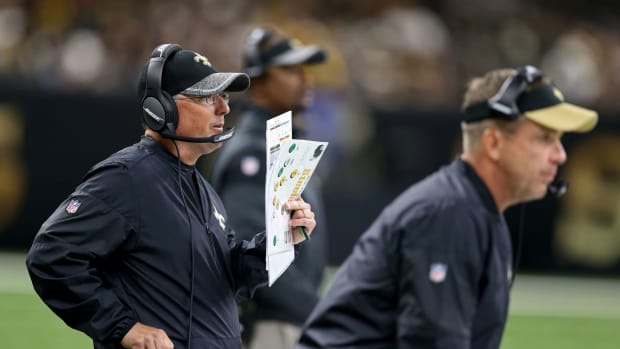 New Orleans Saints offensive coordinator Pete Carmichael (left0 and head coach Sean Payton in the second half of the game against the Pittsburgh Steelers at the Mercedes-Benz Superdome.