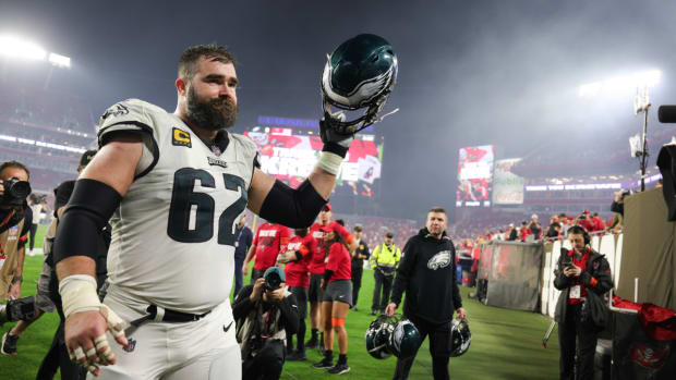 Jan 15, 2024; Tampa, Florida, USA; Philadelphia Eagles center Jason Kelce (62) thanks the fans as he leaves the field after a 2024 NFC wild card game against the Tampa Bay Buccaneers at Raymond James Stadium. Mandatory Credit: Nathan Ray Seebeck-USA TODAY Sports  