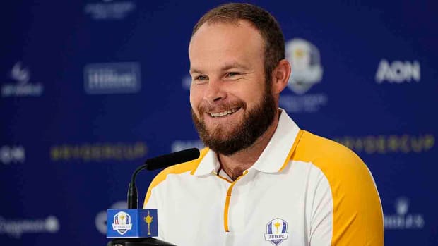Team Europe golfer Tyrrell Hatton addresses the media in a press conference during a practice day for the 2023 Ryder Cup.