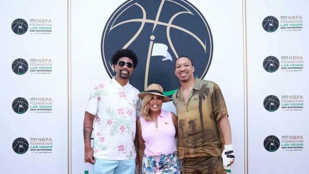 Jalen Rose, Stephanie Rawlings-Blake and Grant Williams are pictured at the NBPA Foundation golf invitational in July 2023.